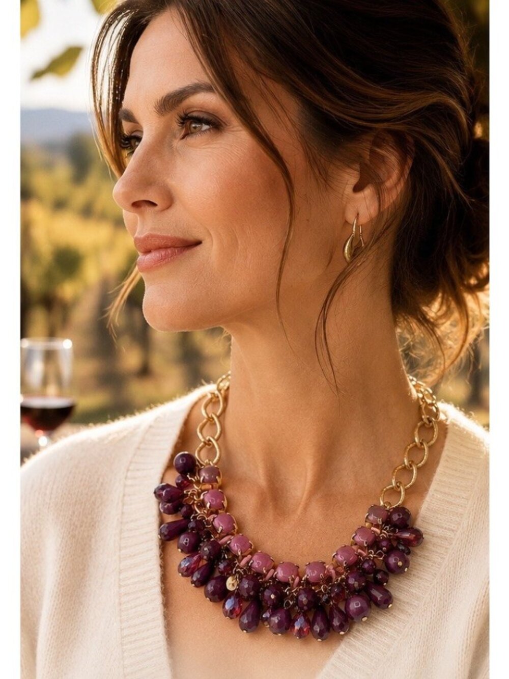Talbots NWT Statement Bib Necklace Purple Beaded Cluster Gold Tone Gift For Her